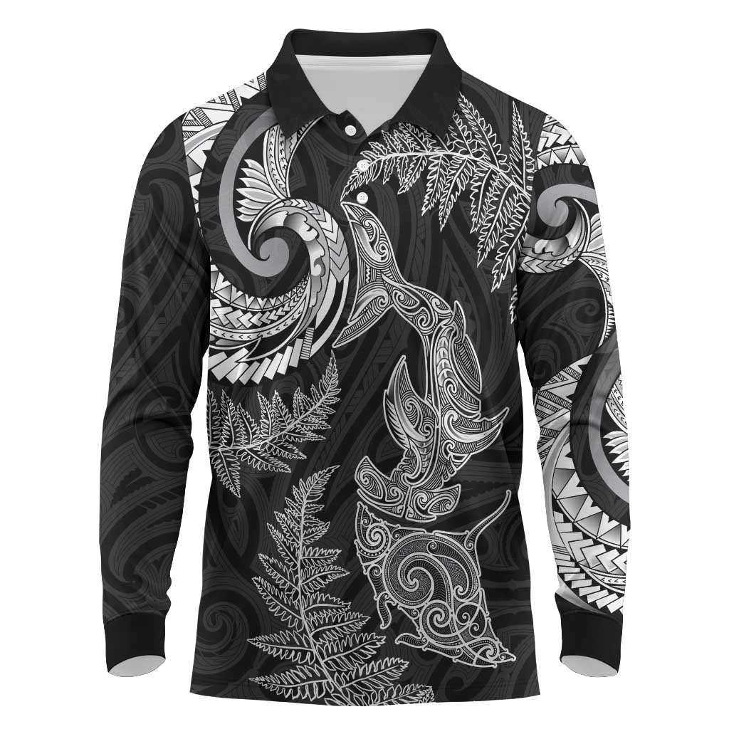 New Zealand Sea Animals with Maori Tribal Tattoo Long Sleeve Polo Shirt Shark Manta Ray with Silver Fern Black