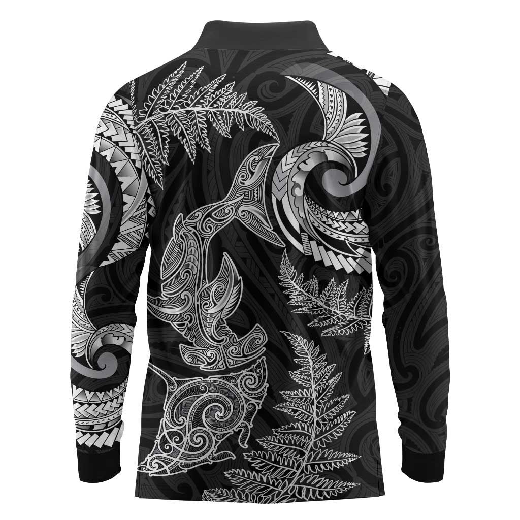 New Zealand Sea Animals with Maori Tribal Tattoo Long Sleeve Polo Shirt Shark Manta Ray with Silver Fern Black