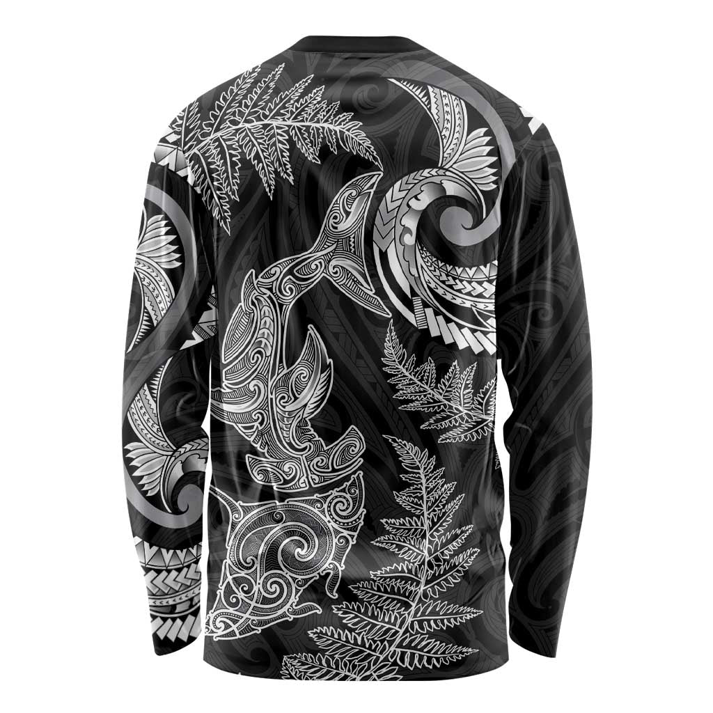New Zealand Sea Animals with Maori Tribal Tattoo Long Sleeve Shirt Shark Manta Ray with Silver Fern Black LT03 - Polynesian Pride