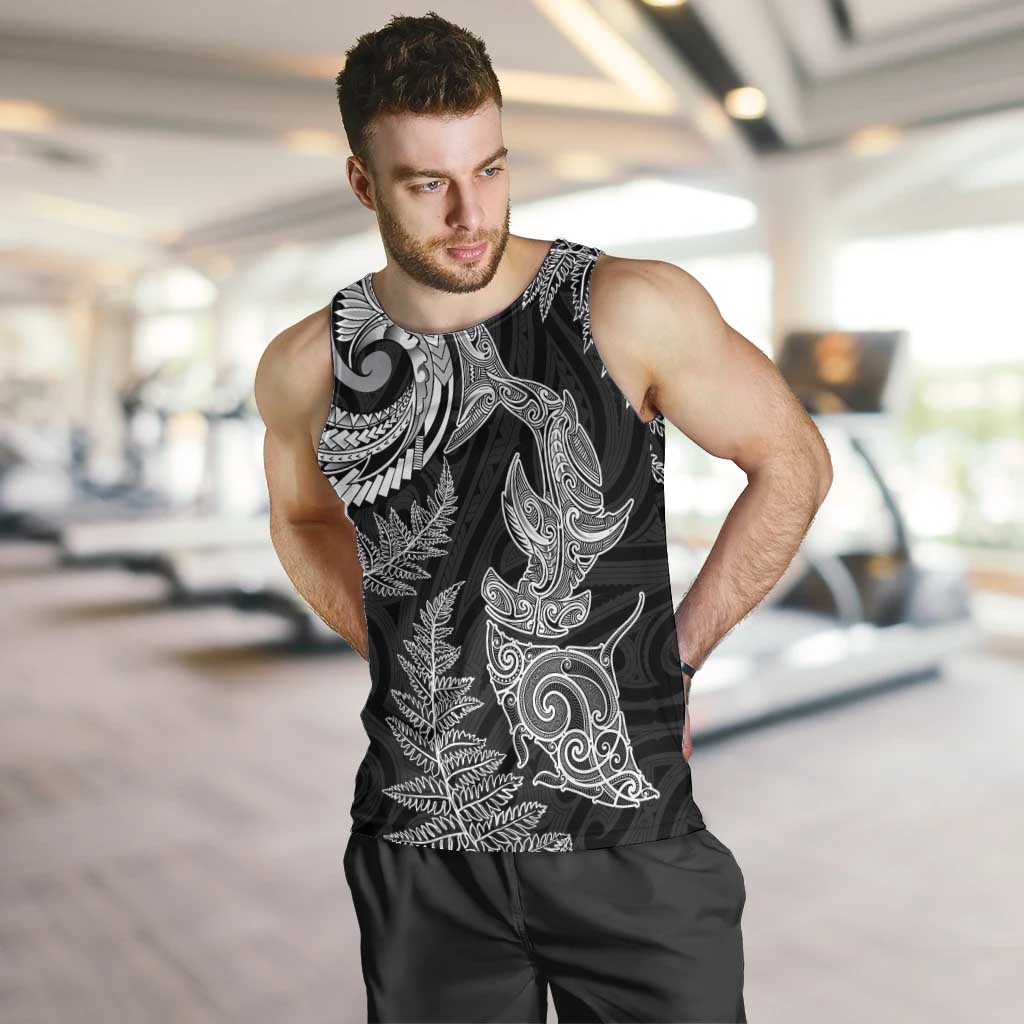 New Zealand Sea Animals with Maori Tribal Tattoo Men Tank Top Shark Manta Ray with Silver Fern Black LT03 Black - Polynesian Pride