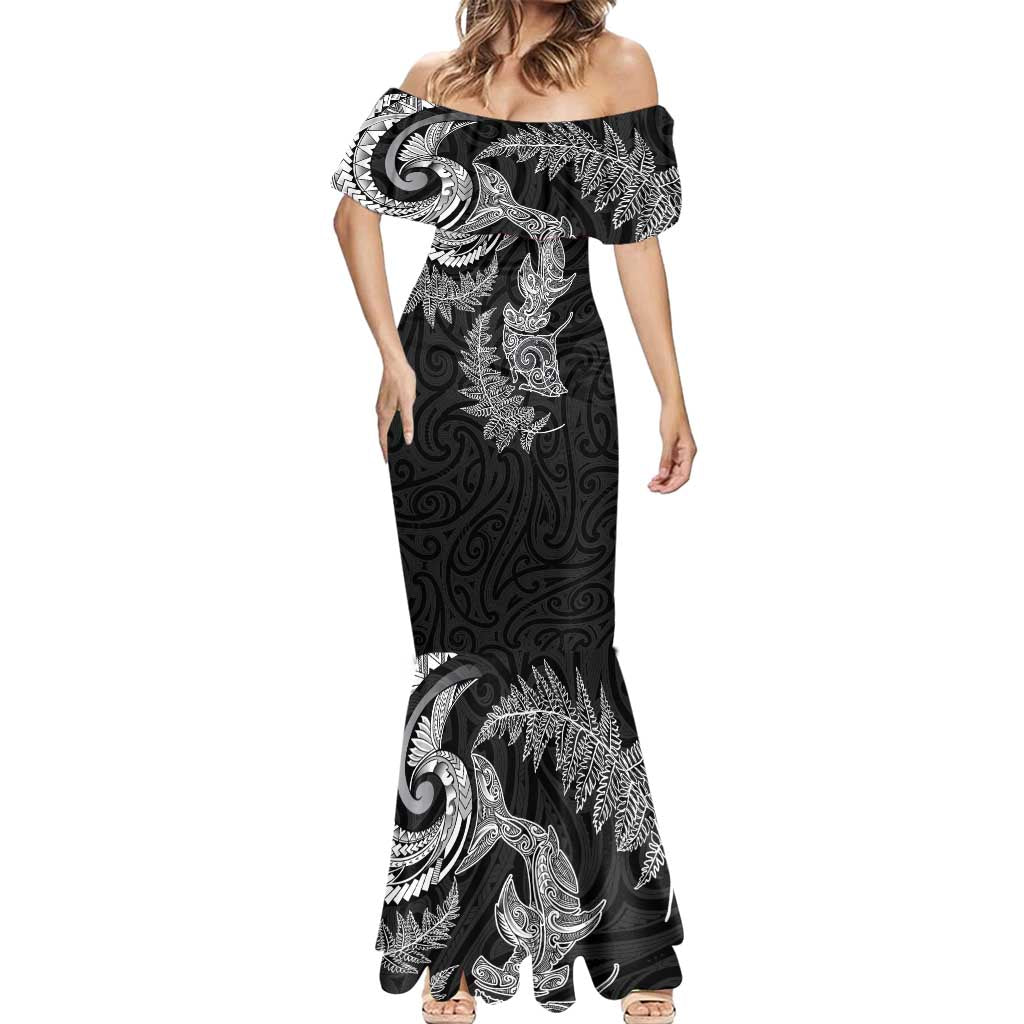 New Zealand Sea Animals with Maori Tribal Tattoo Mermaid Dress Shark Manta Ray with Silver Fern Black LT03 - Polynesian Pride