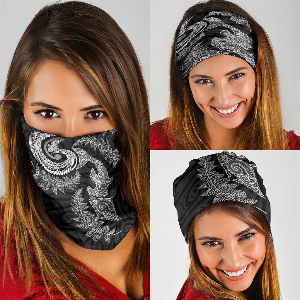 New Zealand Sea Animals with Maori Tribal Tattoo Neck Gaiter Shark Manta Ray with Silver Fern Black LT03 - Polynesian Pride