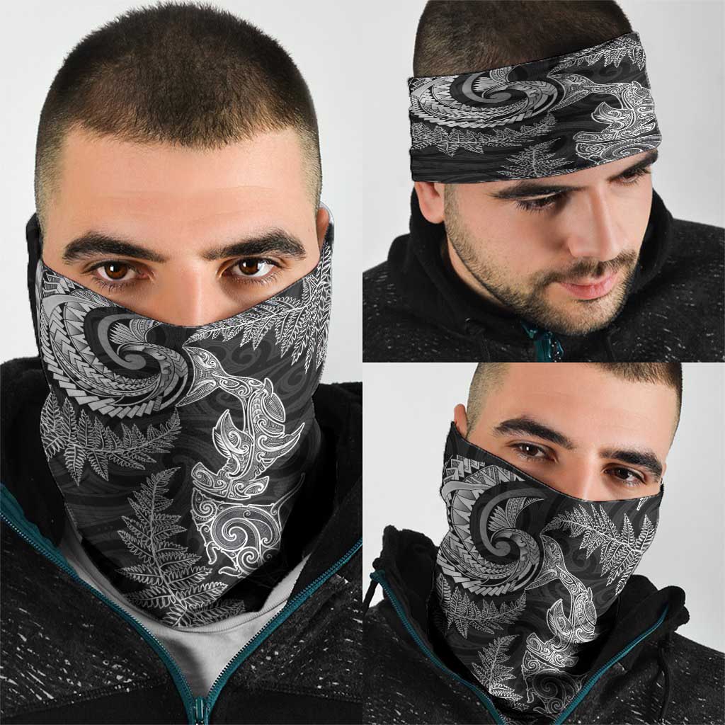 New Zealand Sea Animals with Maori Tribal Tattoo Neck Gaiter Shark Manta Ray with Silver Fern Black LT03 - Polynesian Pride