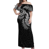 New Zealand Sea Animals with Maori Tribal Tattoo Off Shoulder Maxi Dress Shark Manta Ray with Silver Fern Black LT03 Women Black - Polynesian Pride