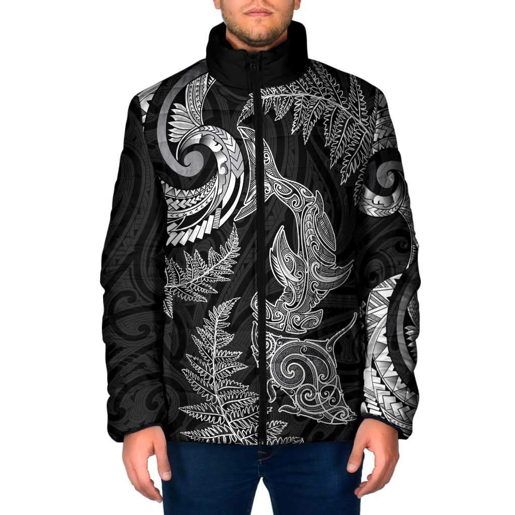 New Zealand Sea Animals with Maori Tribal Tattoo Padded Jacket Shark Manta Ray with Silver Fern Black
