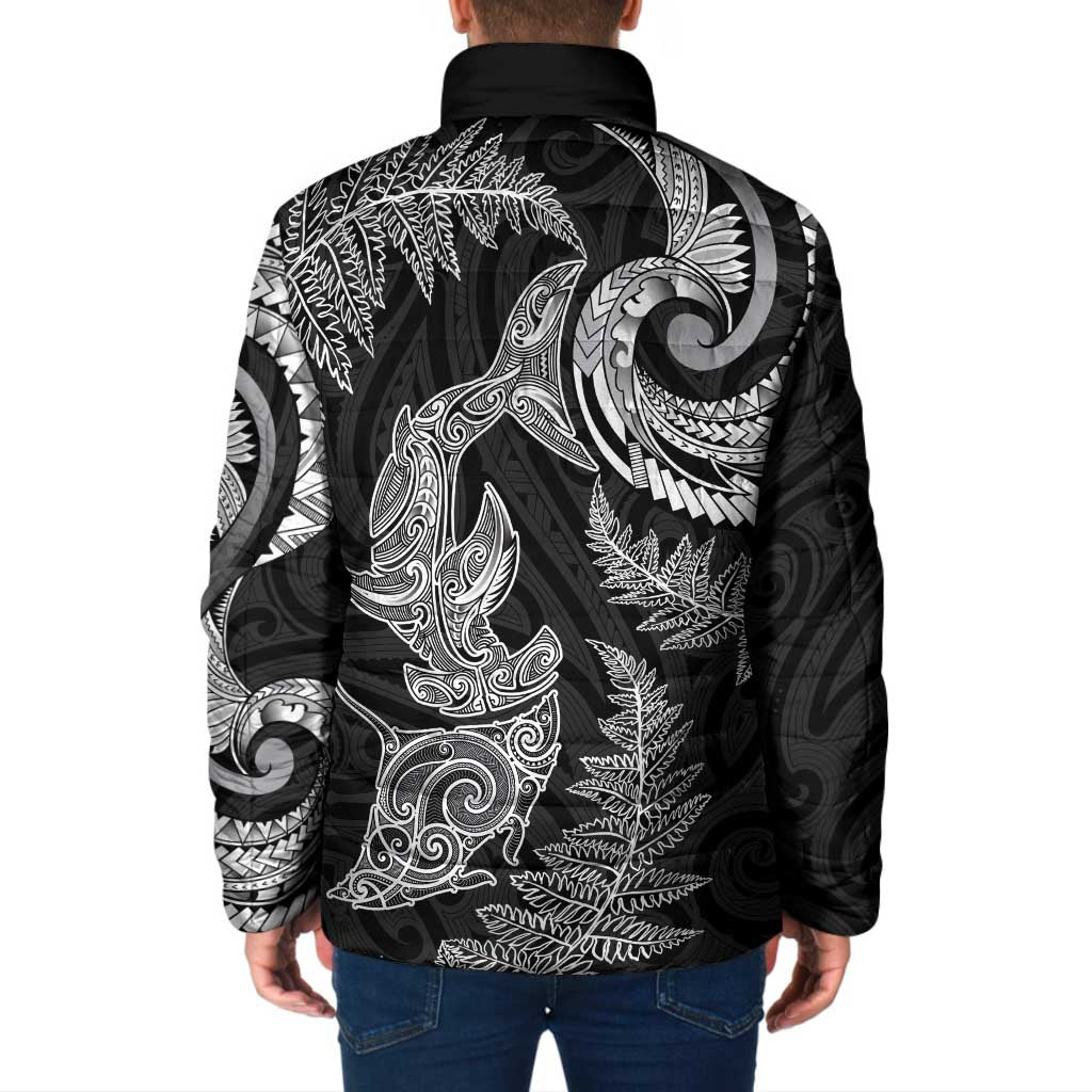 New Zealand Sea Animals with Maori Tribal Tattoo Padded Jacket Shark Manta Ray with Silver Fern Black LT03 - Polynesian Pride