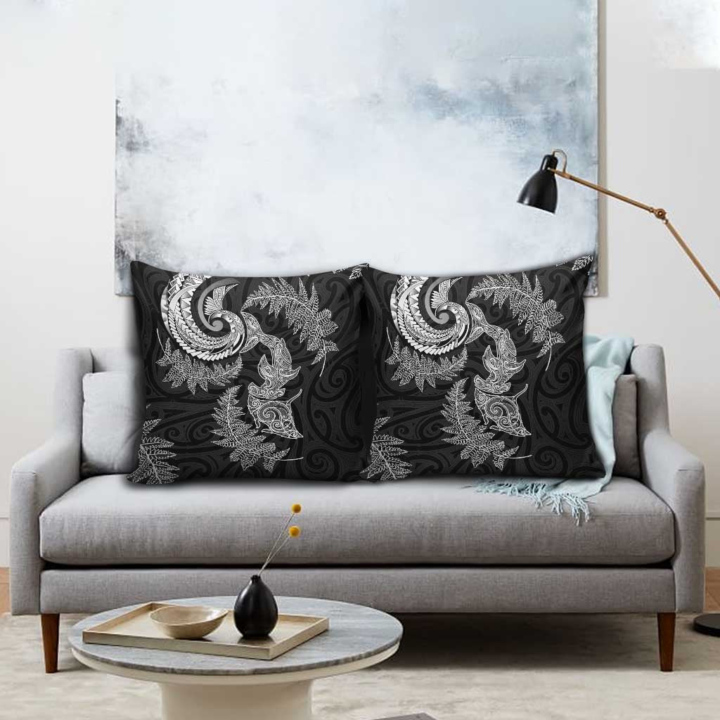 New Zealand Sea Animals with Maori Tribal Tattoo Pillow Cover Shark Manta Ray with Silver Fern Black LT03 - Polynesian Pride