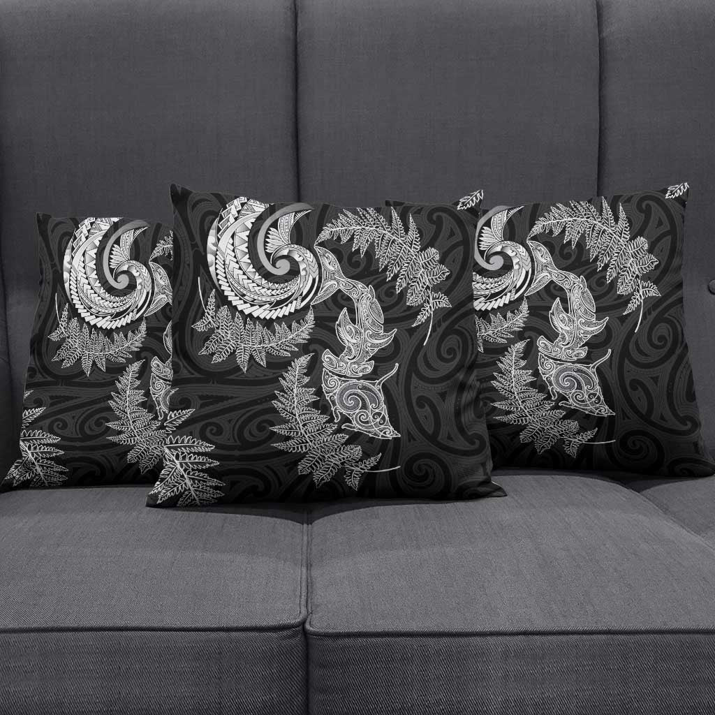 New Zealand Sea Animals with Maori Tribal Tattoo Pillow Cover Shark Manta Ray with Silver Fern Black LT03 - Polynesian Pride