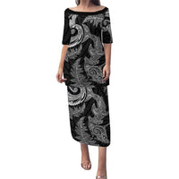 New Zealand Sea Animals with Maori Tribal Tattoo Puletasi Shark Manta Ray with Silver Fern Black LT03 Long Dress Black - Polynesian Pride