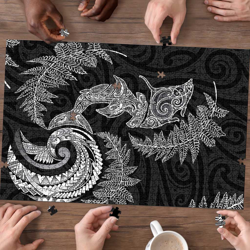 New Zealand Sea Animals with Maori Tribal Tattoo Puzzle Shark Manta Ray with Silver Fern Black LT03 - Polynesian Pride