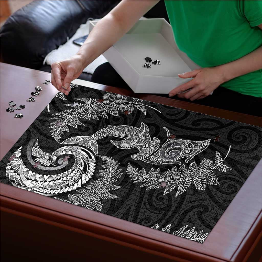 New Zealand Sea Animals with Maori Tribal Tattoo Puzzle Shark Manta Ray with Silver Fern Black LT03 - Polynesian Pride