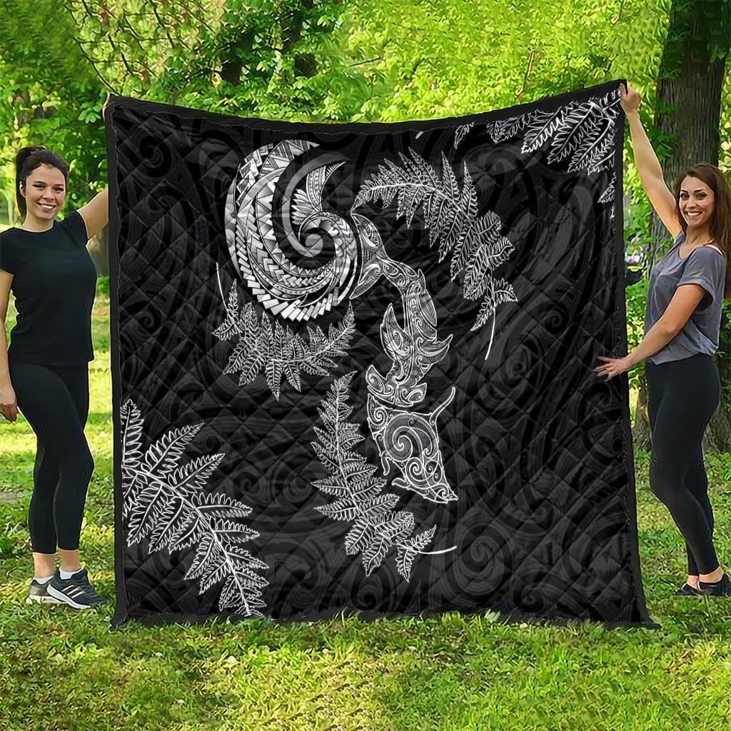 New Zealand Sea Animals with Maori Tribal Tattoo Quilt Shark Manta Ray with Silver Fern Black LT03 - Polynesian Pride