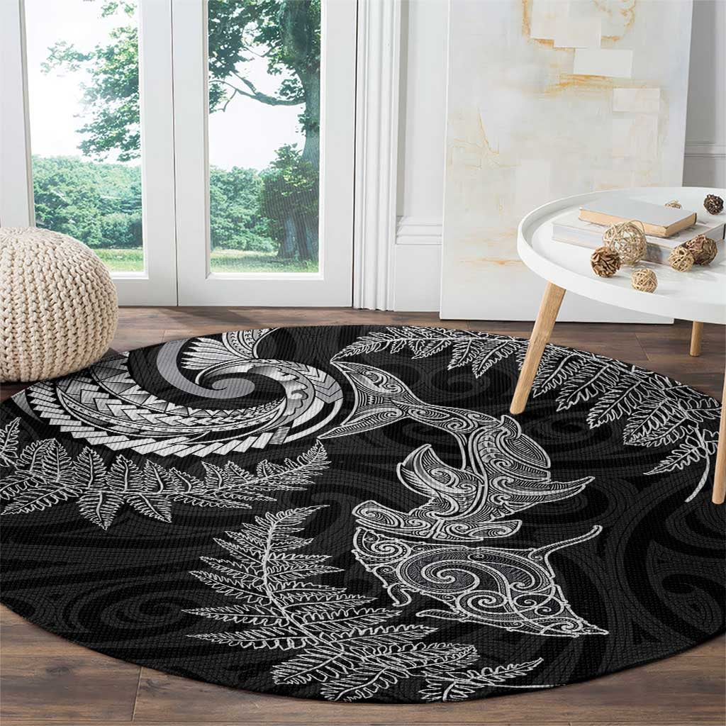 New Zealand Sea Animals with Maori Tribal Tattoo Round Carpet Shark Manta Ray with Silver Fern Black LT03 - Polynesian Pride