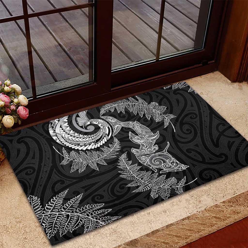 New Zealand Sea Animals with Maori Tribal Tattoo Rubber Doormat Shark Manta Ray with Silver Fern Black LT03 - Polynesian Pride