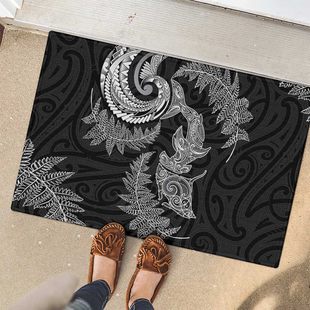 New Zealand Sea Animals with Maori Tribal Tattoo Rubber Doormat Shark Manta Ray with Silver Fern Black LT03 - Polynesian Pride