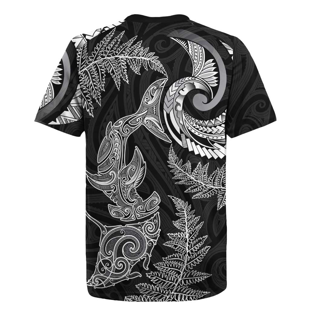 New Zealand Sea Animals with Maori Tribal Tattoo Rugby Jersey Shark Manta Ray with Silver Fern Black LT03 - Polynesian Pride