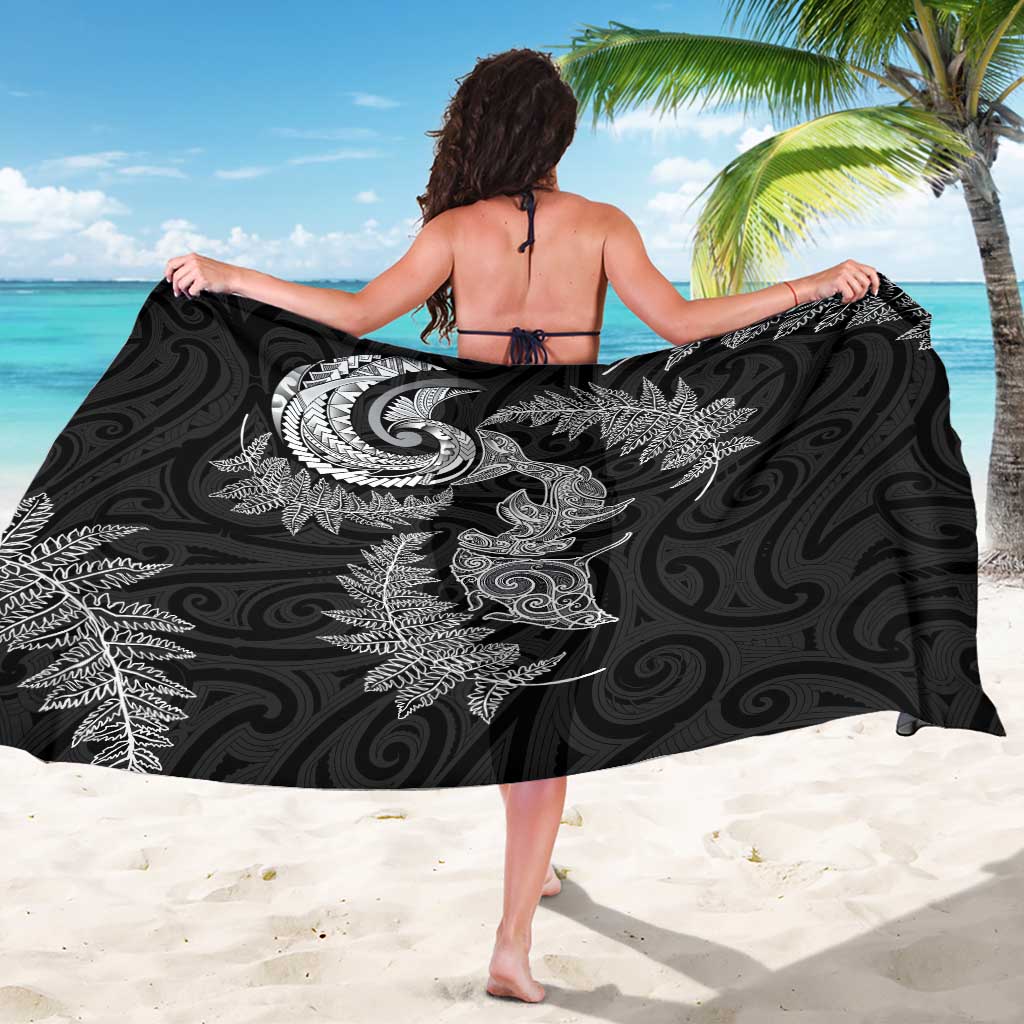 New Zealand Sea Animals with Maori Tribal Tattoo Sarong Shark Manta Ray with Silver Fern Black LT03 - Polynesian Pride
