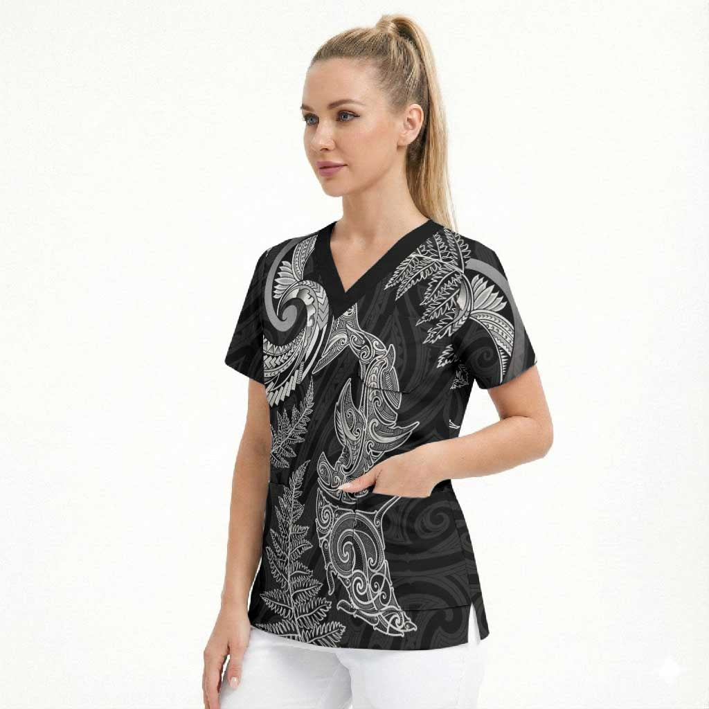 New Zealand Sea Animals with Maori Tribal Tattoo Scrub Top Shark Manta Ray with Silver Fern Black LT03 - Polynesian Pride