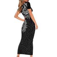 New Zealand Sea Animals with Maori Tribal Tattoo Short Sleeve Bodycon Dress Shark Manta Ray with Silver Fern Black LT03 - Polynesian Pride