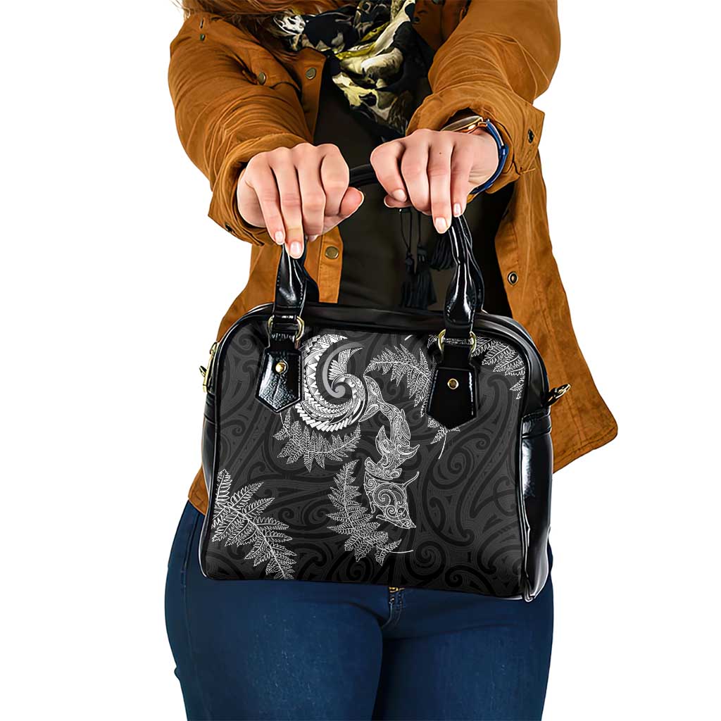 New Zealand Sea Animals with Maori Tribal Tattoo Shoulder Handbag Shark Manta Ray with Silver Fern Black LT03 One Size Black - Polynesian Pride