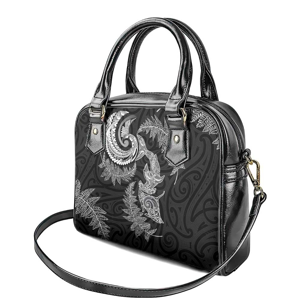 New Zealand Sea Animals with Maori Tribal Tattoo Shoulder Handbag Shark Manta Ray with Silver Fern Black LT03 - Polynesian Pride