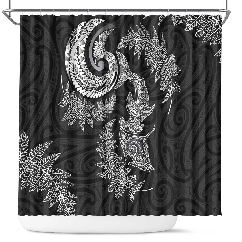 New Zealand Sea Animals with Maori Tribal Tattoo Shower Curtain Shark Manta Ray with Silver Fern Black