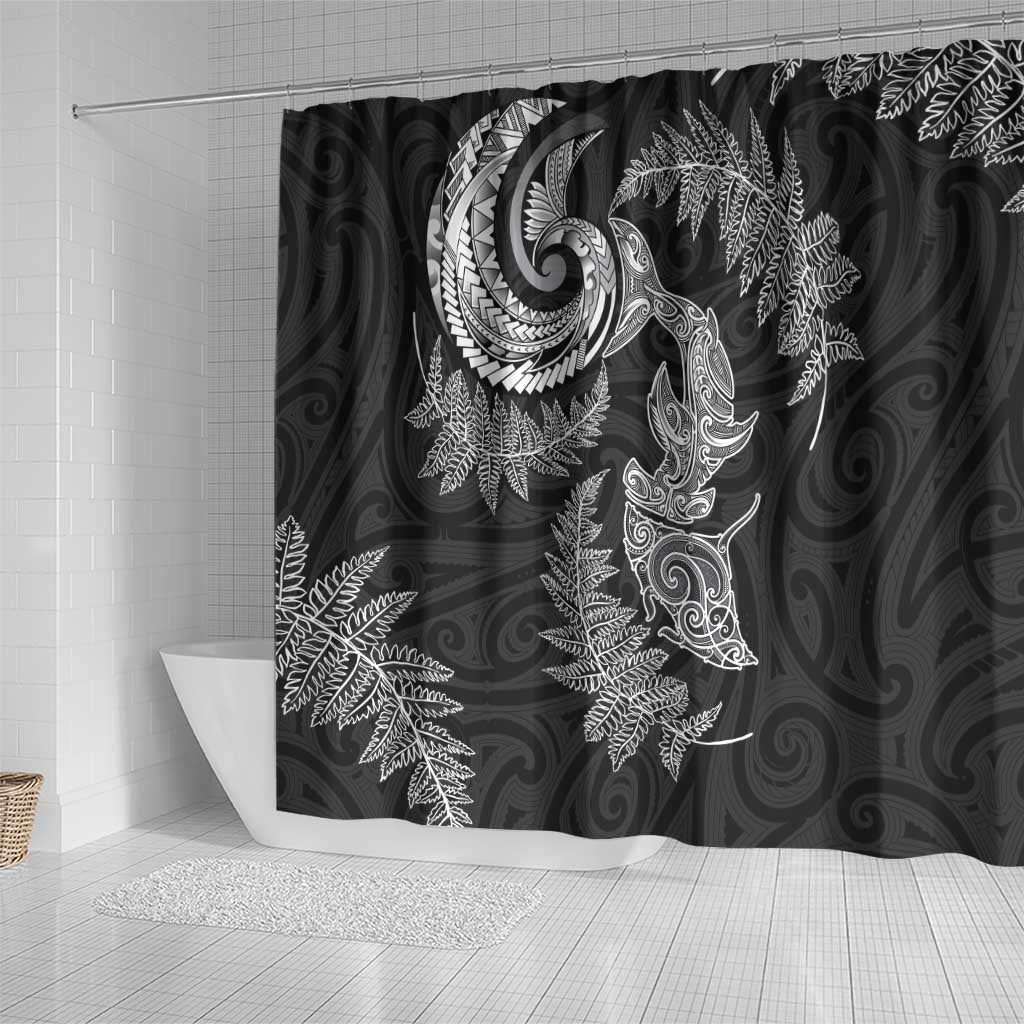 New Zealand Sea Animals with Maori Tribal Tattoo Shower Curtain Shark Manta Ray with Silver Fern Black LT03 - Polynesian Pride