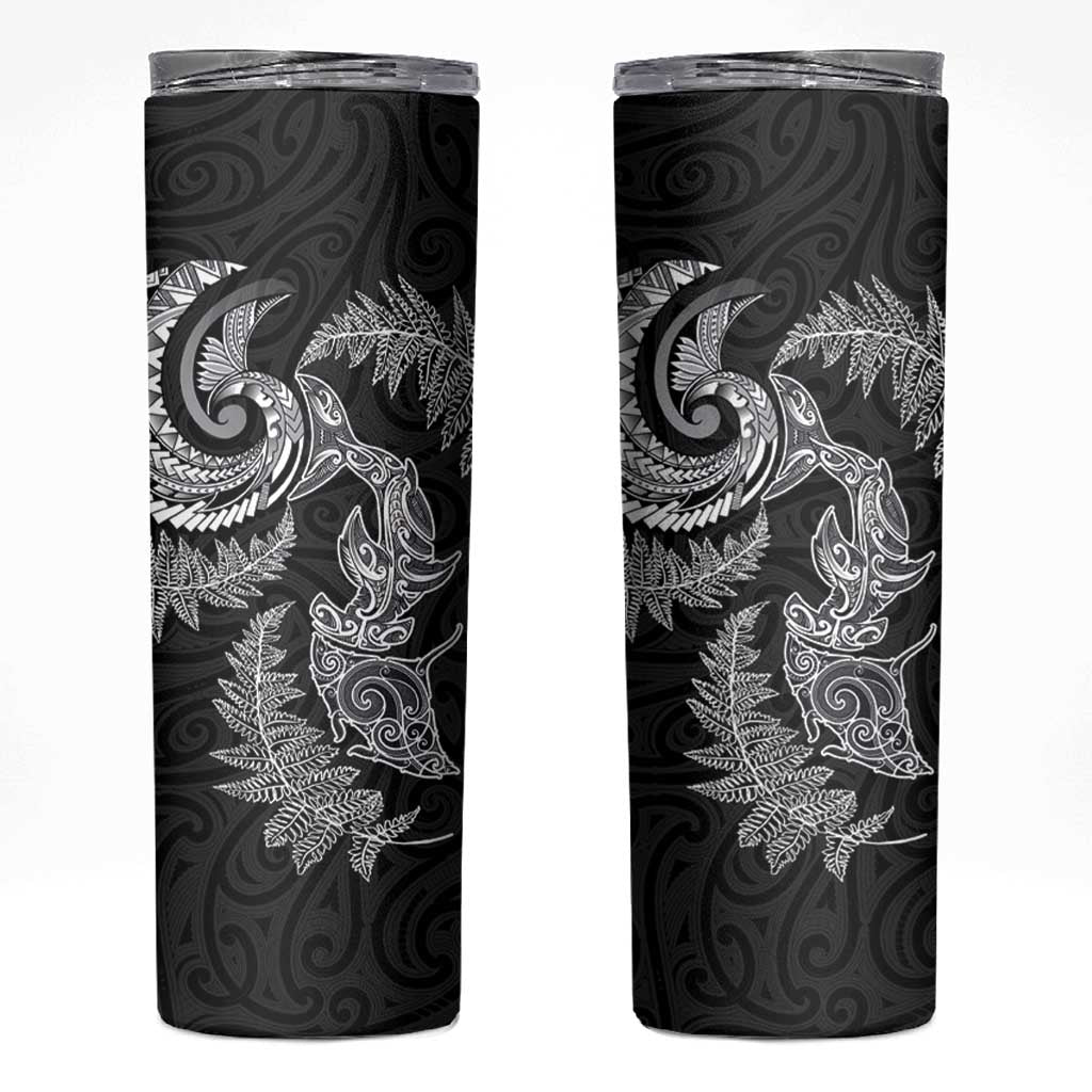 New Zealand Sea Animals with Maori Tribal Tattoo Skinny Tumbler Shark Manta Ray with Silver Fern Black