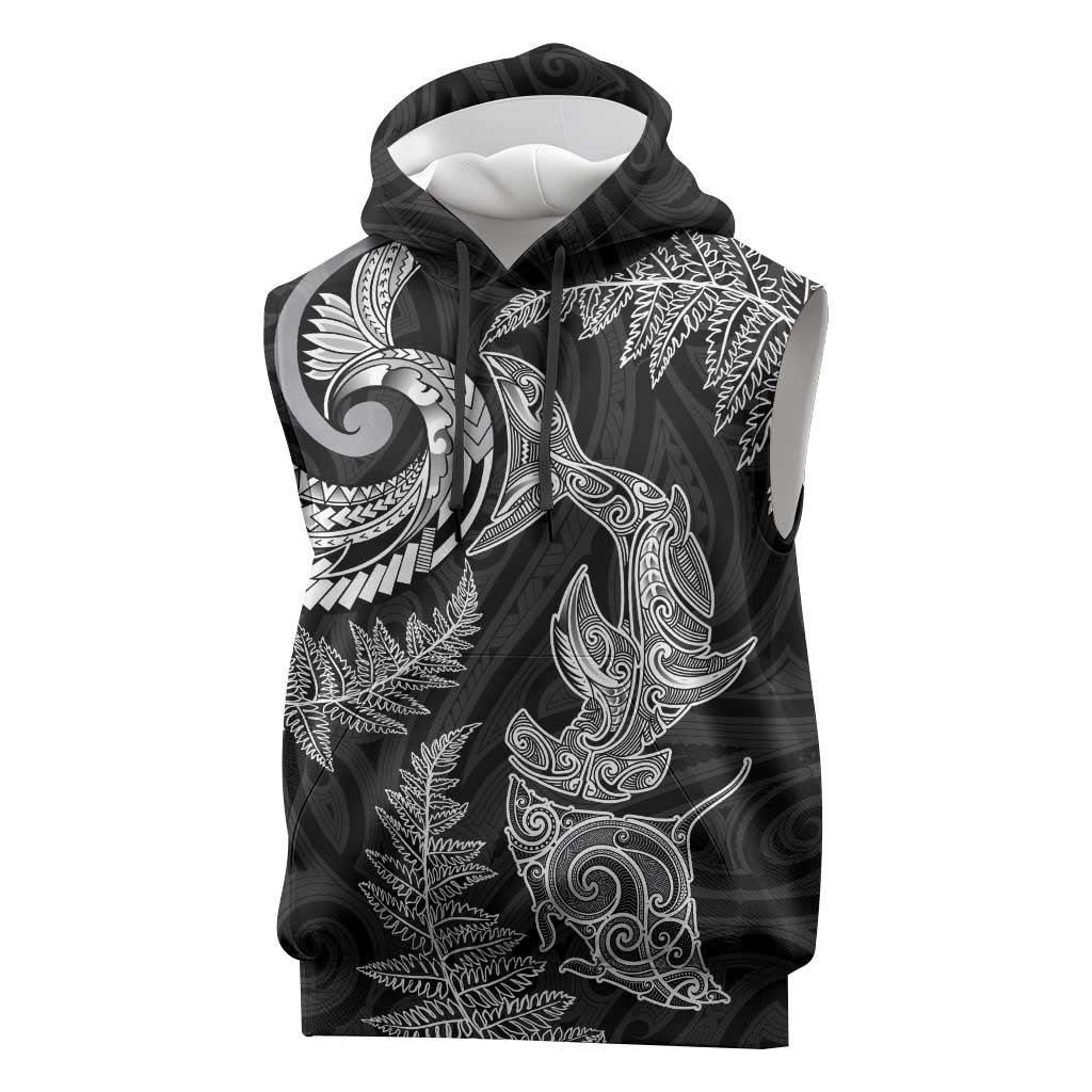 New Zealand Sea Animals with Maori Tribal Tattoo Sleeveless Hoodie Shark Manta Ray with Silver Fern Black LT03 Black - Polynesian Pride