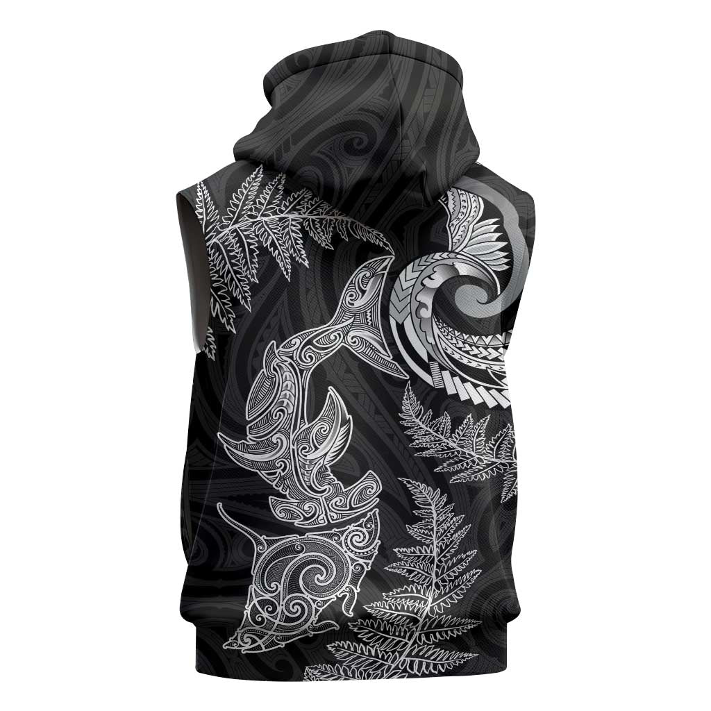 New Zealand Sea Animals with Maori Tribal Tattoo Sleeveless Hoodie Shark Manta Ray with Silver Fern Black LT03 - Polynesian Pride