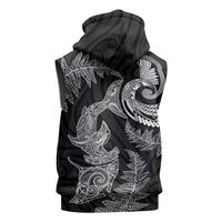 New Zealand Sea Animals with Maori Tribal Tattoo Sleeveless Hoodie Shark Manta Ray with Silver Fern Black LT03 - Polynesian Pride