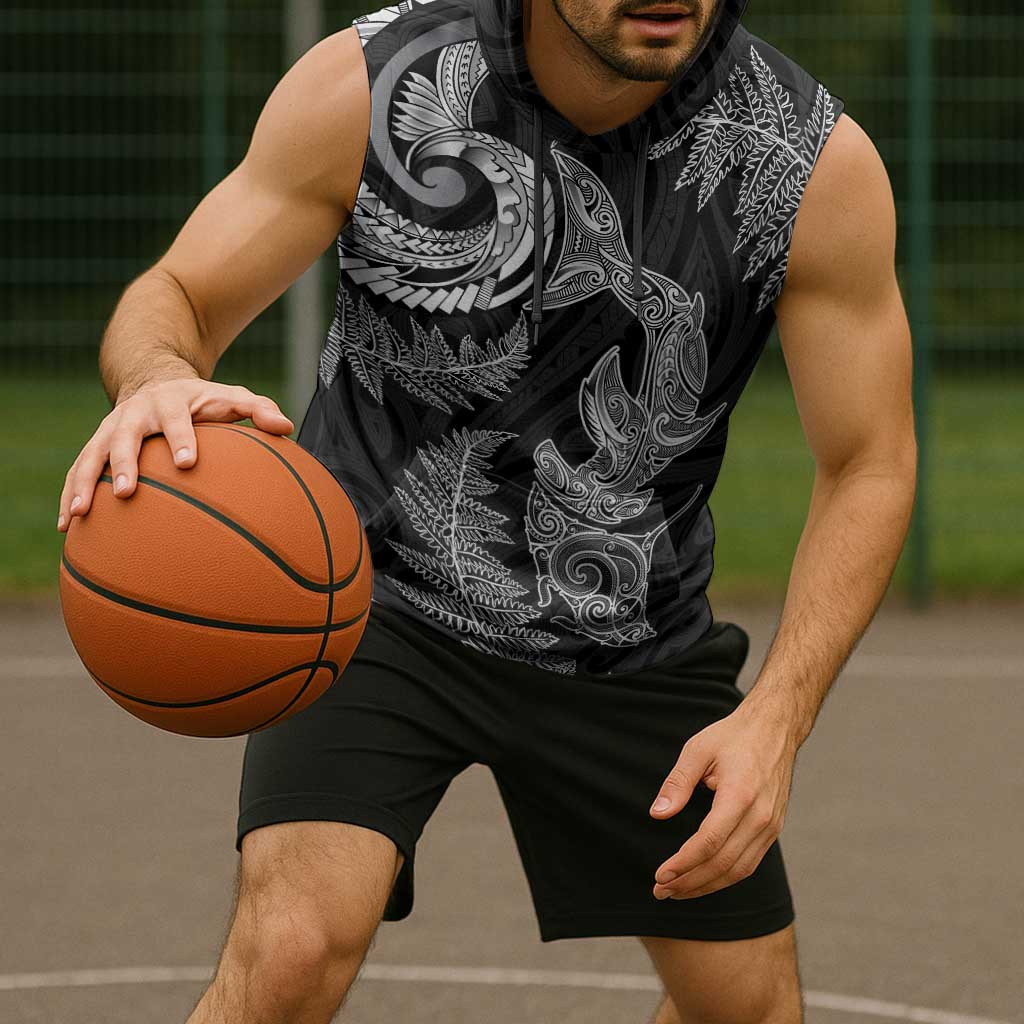 New Zealand Sea Animals with Maori Tribal Tattoo Sleeveless Hoodie Shark Manta Ray with Silver Fern Black LT03 - Polynesian Pride