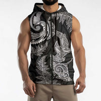 New Zealand Sea Animals with Maori Tribal Tattoo Sleeveless Zip Hoodie Shark Manta Ray with Silver Fern Black LT03 - Polynesian Pride