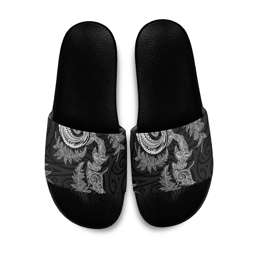 New Zealand Sea Animals with Maori Tribal Tattoo Slide Sandals Shark Manta Ray with Silver Fern Black