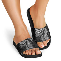 New Zealand Sea Animals with Maori Tribal Tattoo Slide Sandals Shark Manta Ray with Silver Fern Black LT03 - Polynesian Pride
