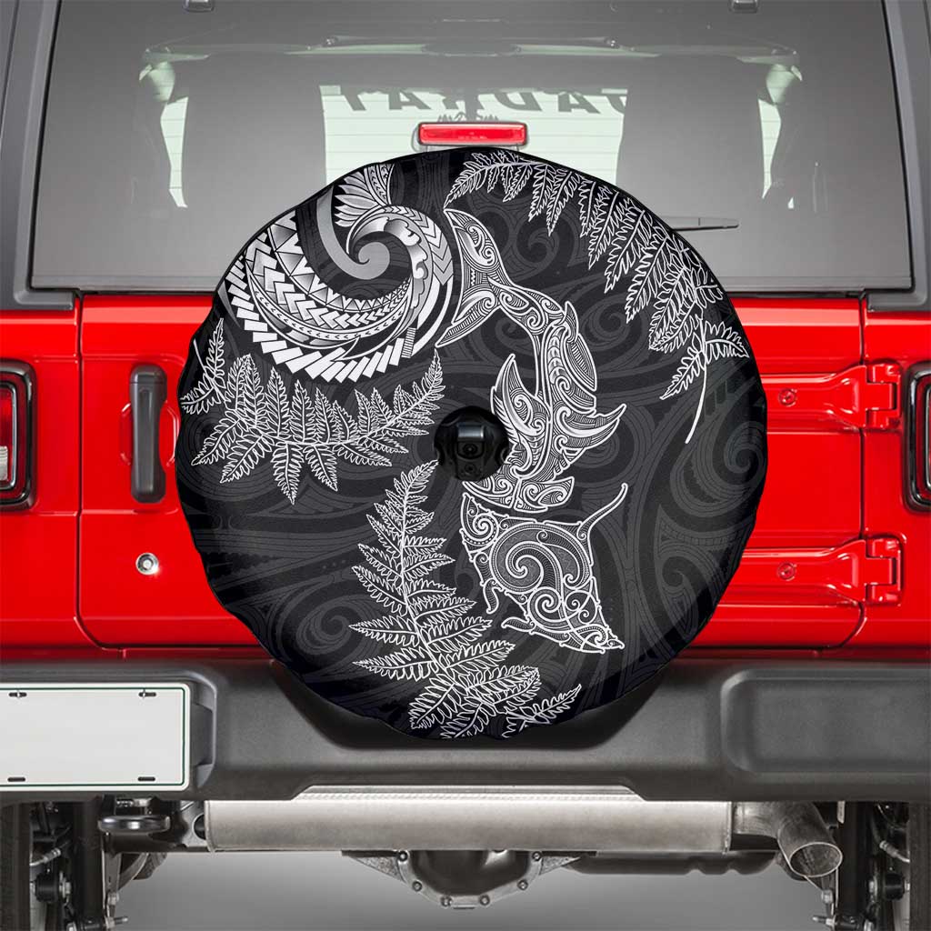 New Zealand Sea Animals with Maori Tribal Tattoo Spare Tire Cover Shark Manta Ray with Silver Fern Black LT03 - Polynesian Pride