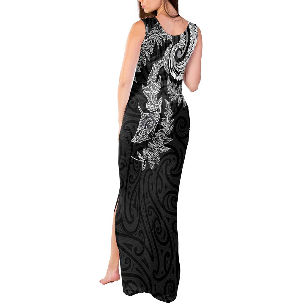 New Zealand Sea Animals with Maori Tribal Tattoo Tank Maxi Dress Shark Manta Ray with Silver Fern Black