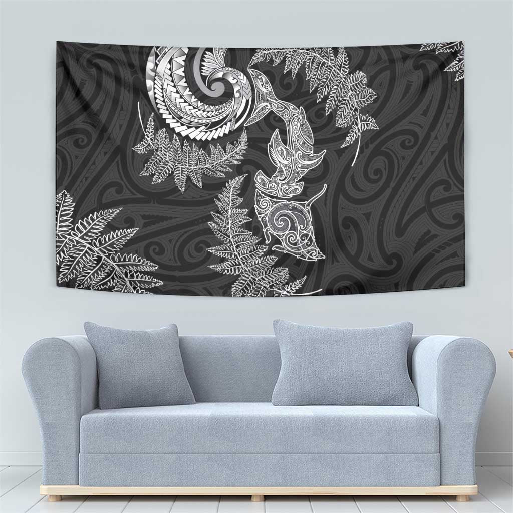 New Zealand Sea Animals with Maori Tribal Tattoo Tapestry Shark Manta Ray with Silver Fern Black LT03 - Polynesian Pride