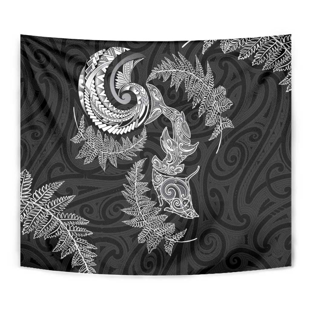 New Zealand Sea Animals with Maori Tribal Tattoo Tapestry Shark Manta Ray with Silver Fern Black LT03 - Polynesian Pride
