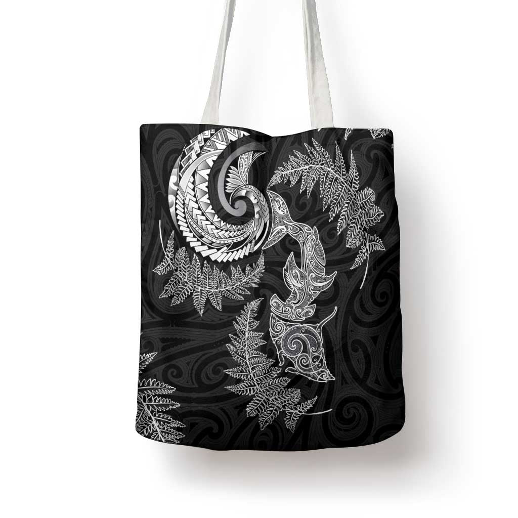 New Zealand Sea Animals with Maori Tribal Tattoo Tote Bag Shark Manta Ray with Silver Fern Black LT03 - Polynesian Pride