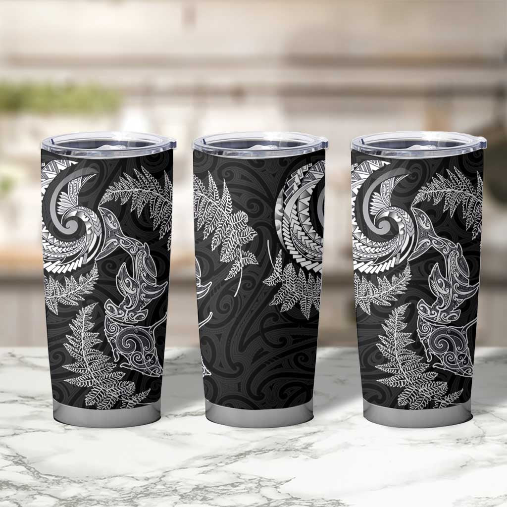 New Zealand Sea Animals with Maori Tribal Tattoo Tumbler Cup Shark Manta Ray with Silver Fern Black LT03 - Polynesian Pride