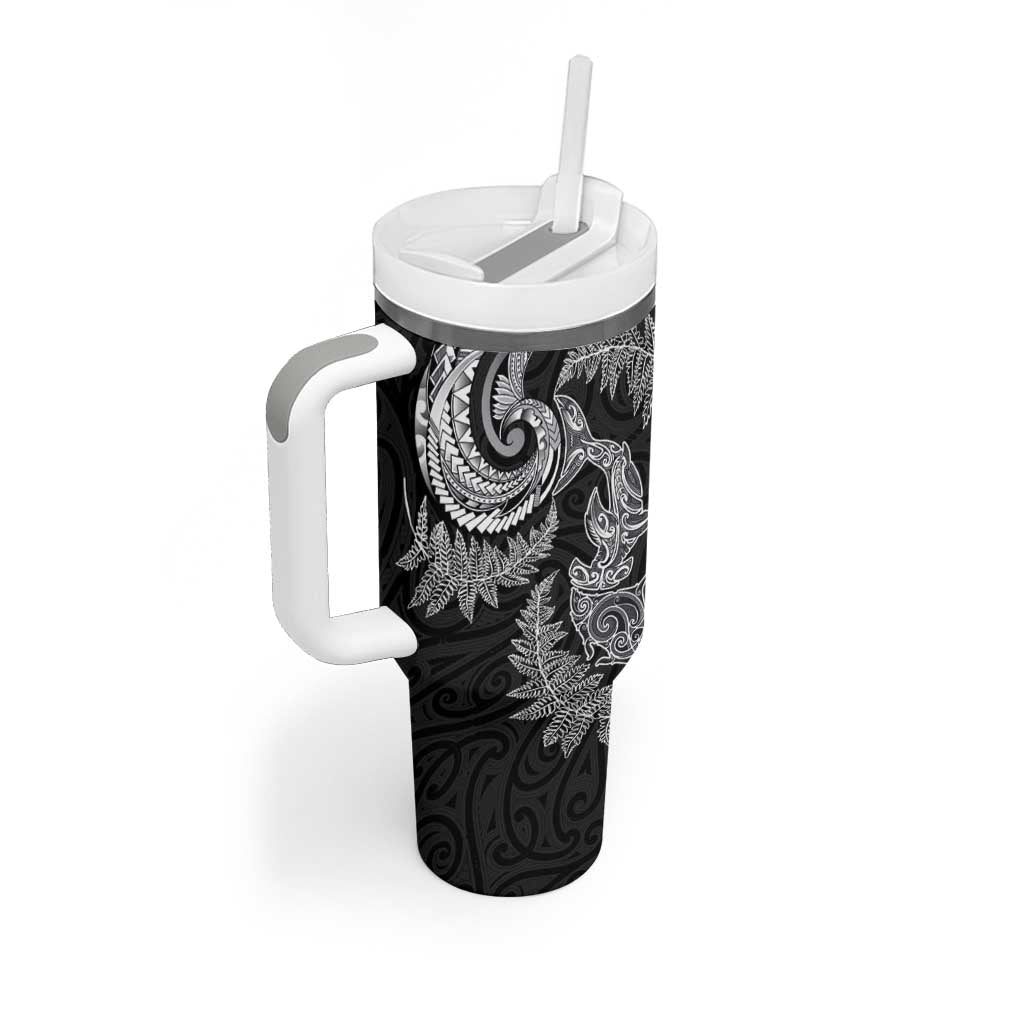 New Zealand Sea Animals with Maori Tribal Tattoo Tumbler With Handle Shark Manta Ray with Silver Fern Black LT03 - Polynesian Pride