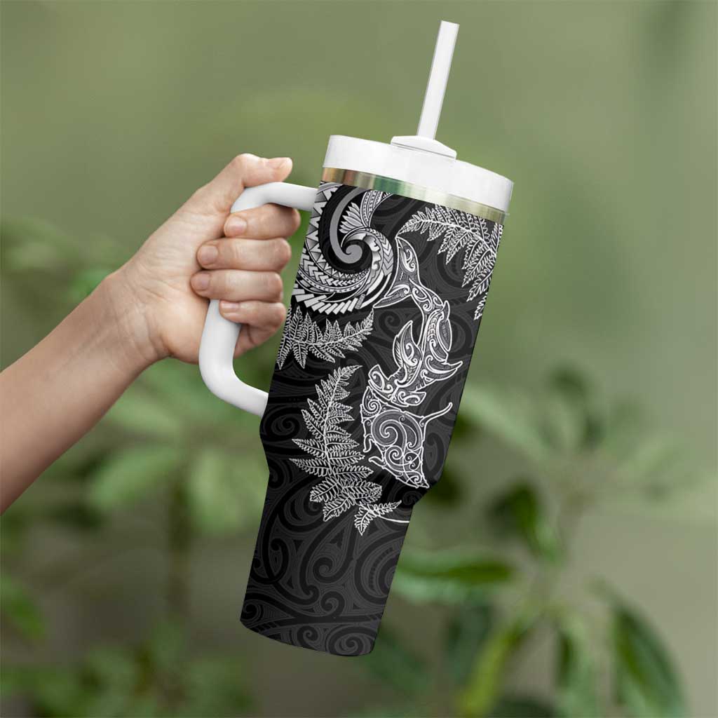 New Zealand Sea Animals with Maori Tribal Tattoo Tumbler With Handle Shark Manta Ray with Silver Fern Black LT03 - Polynesian Pride