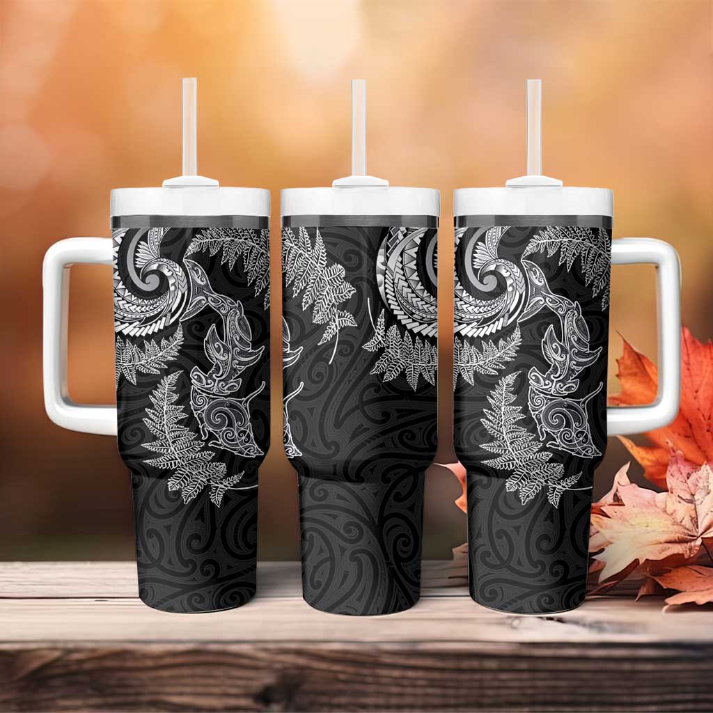 New Zealand Sea Animals with Maori Tribal Tattoo Tumbler With Handle Shark Manta Ray with Silver Fern Black LT03 - Polynesian Pride
