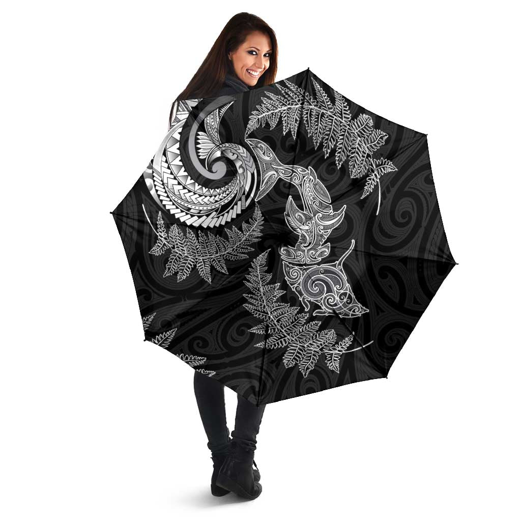 New Zealand Sea Animals with Maori Tribal Tattoo Umbrella Shark Manta Ray with Silver Fern Black LT03 - Polynesian Pride