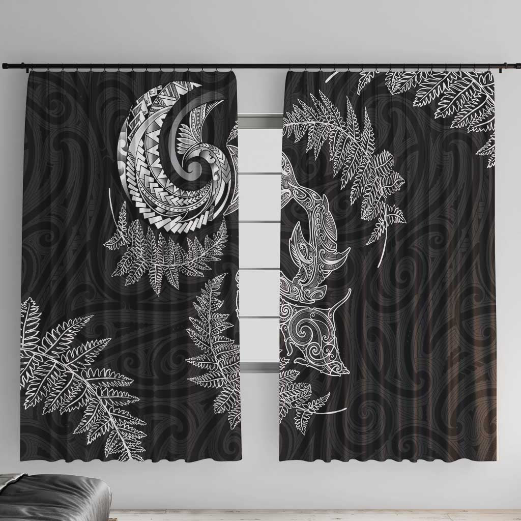 New Zealand Sea Animals with Maori Tribal Tattoo Window Curtain Shark Manta Ray with Silver Fern Black LT03 With Hooks Black - Polynesian Pride