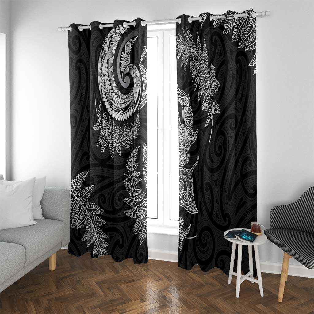 New Zealand Sea Animals with Maori Tribal Tattoo Window Curtain Shark Manta Ray with Silver Fern Black LT03 With Grommets Black - Polynesian Pride