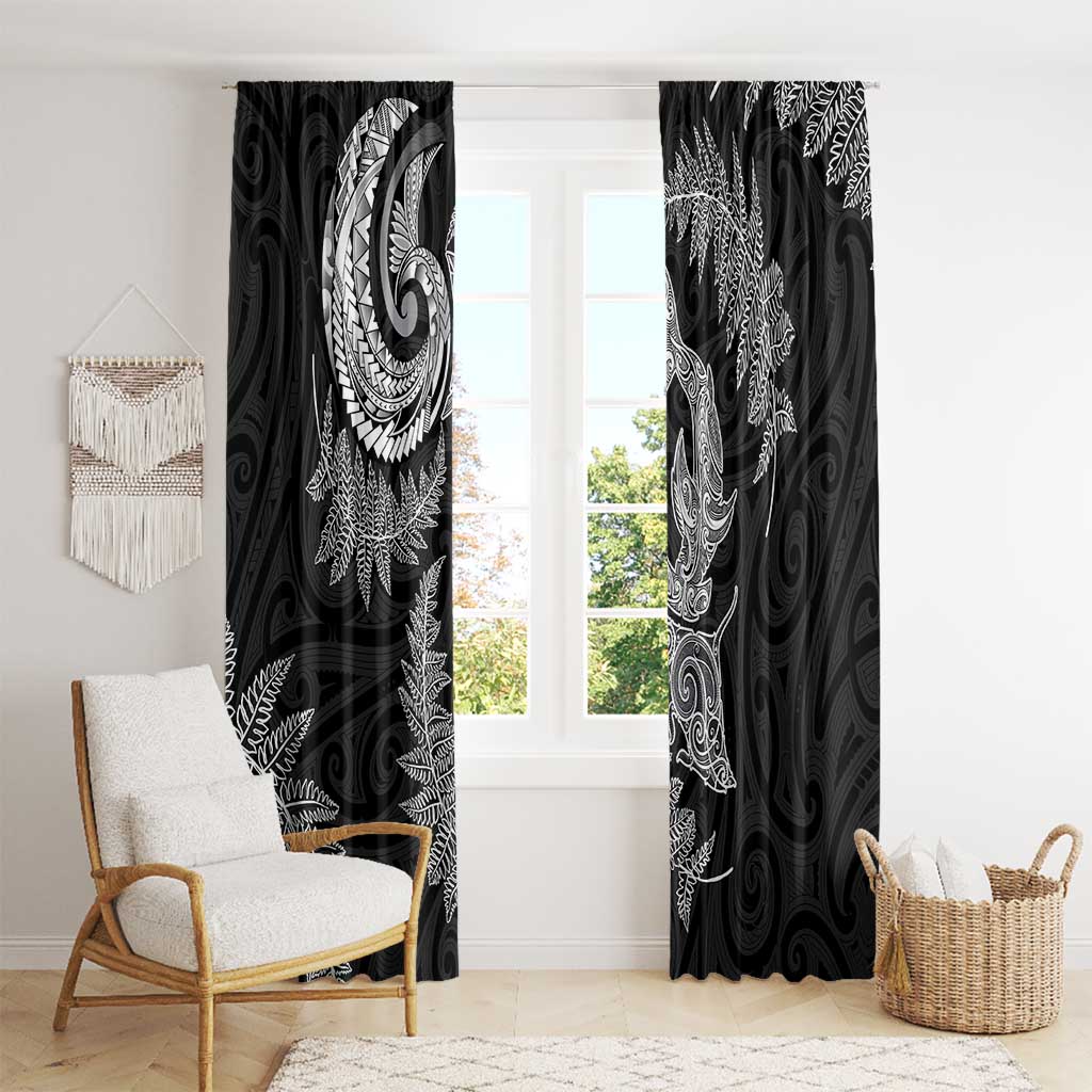 New Zealand Sea Animals with Maori Tribal Tattoo Window Curtain Shark Manta Ray with Silver Fern Black LT03 - Polynesian Pride