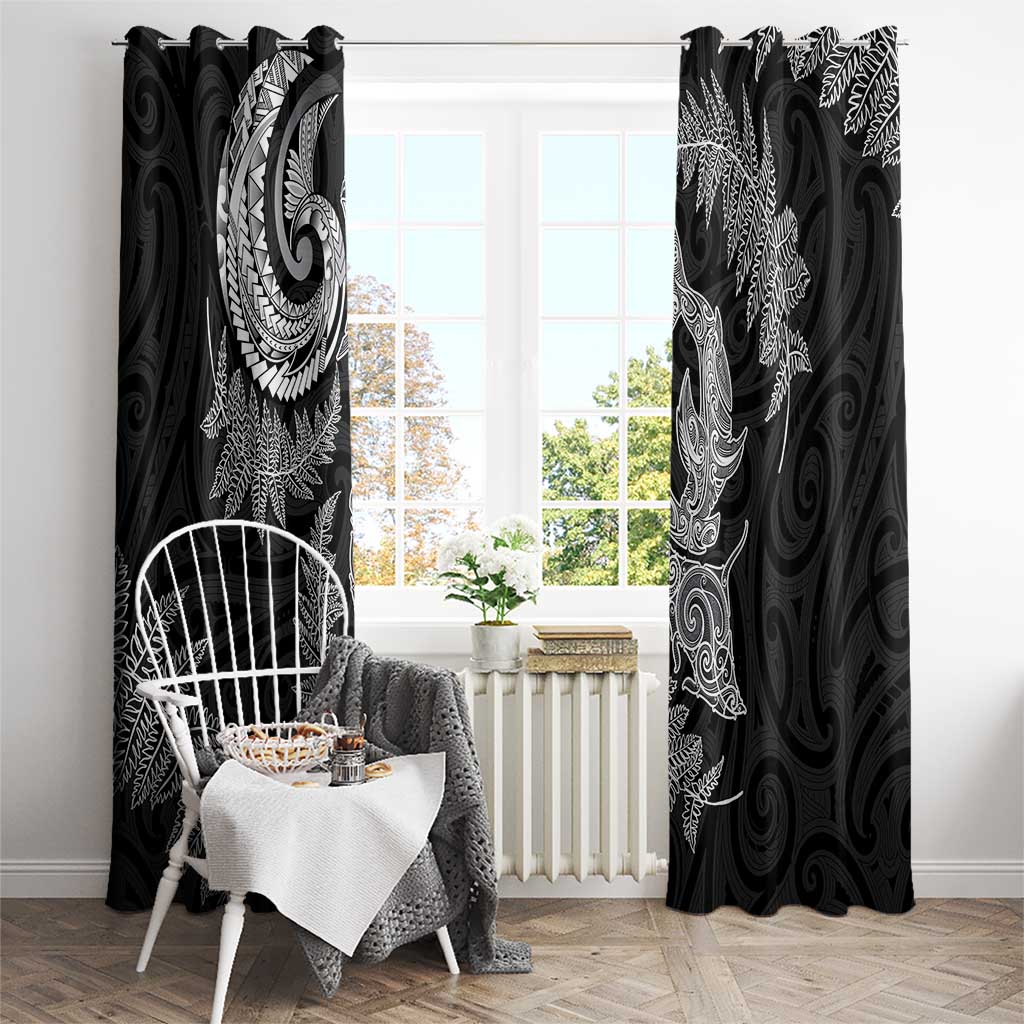 New Zealand Sea Animals with Maori Tribal Tattoo Window Curtain Shark Manta Ray with Silver Fern Black LT03 - Polynesian Pride