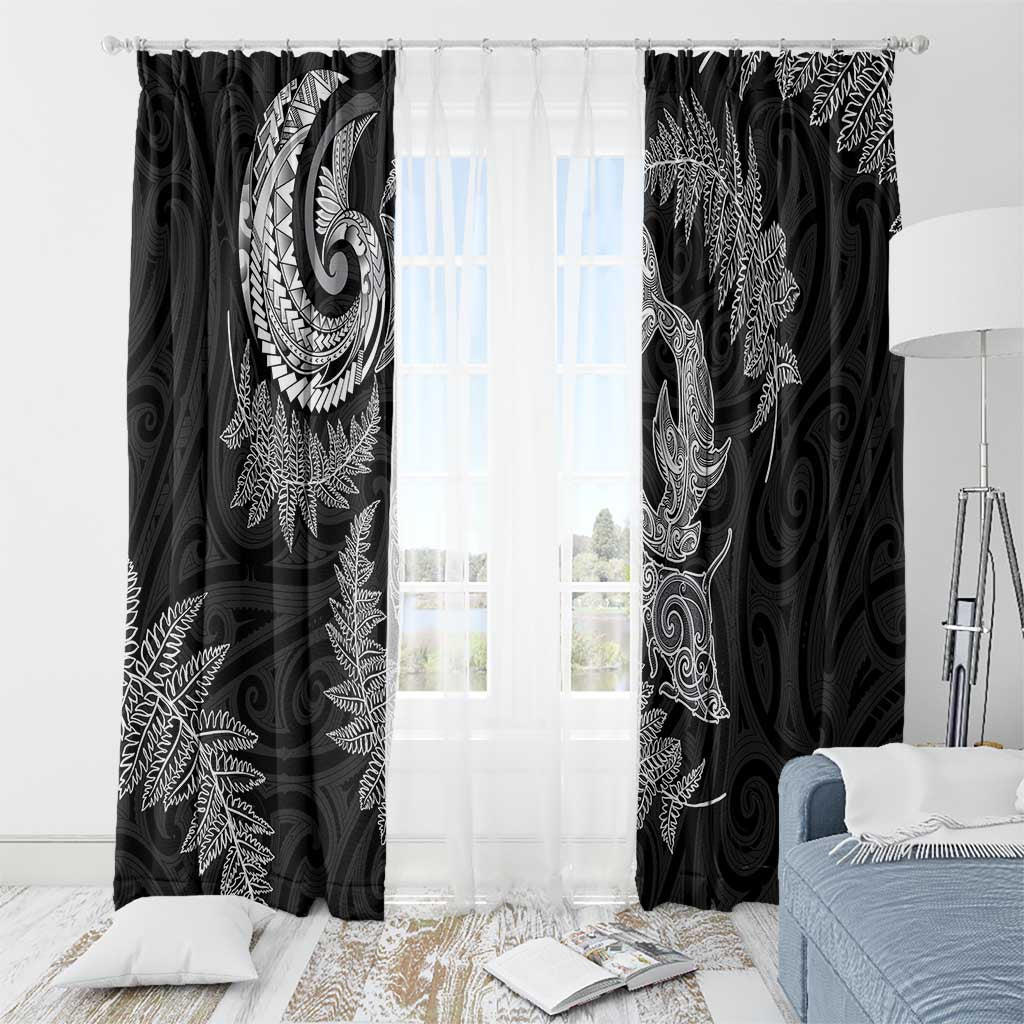 New Zealand Sea Animals with Maori Tribal Tattoo Window Curtain Shark Manta Ray with Silver Fern Black LT03 - Polynesian Pride